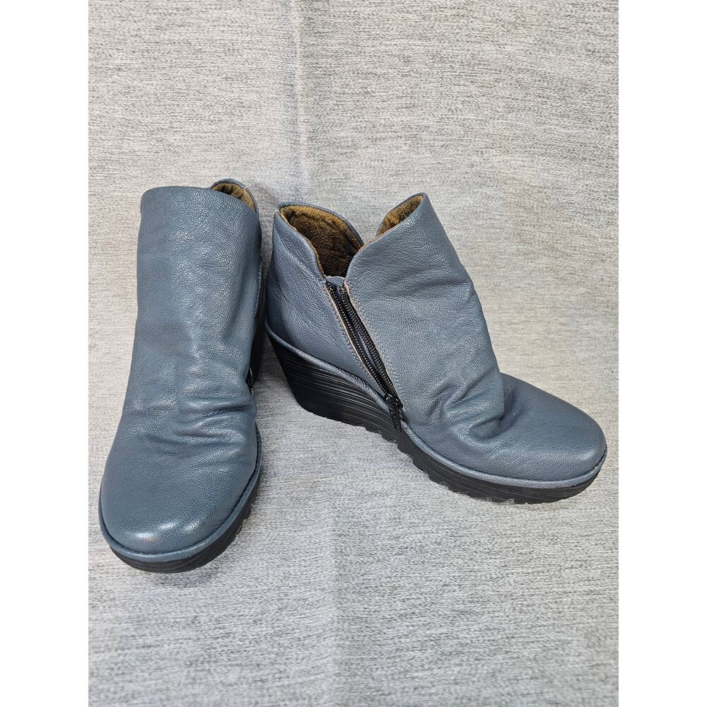 Fly London Yip Wedge Boots Women's 37 6.5 Blue Reef Mousse Leather Heels Shoes - Picture 3 of 9